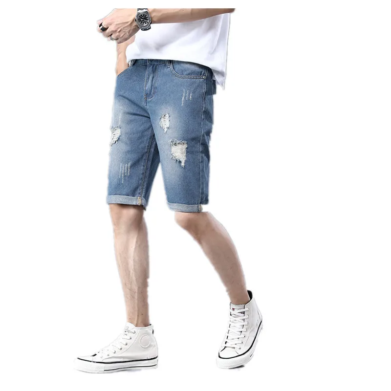 Mens Stretch Ripped Short Jeans New Fashion Leisure Streetwear Clothing Summer Cotton Shorts Breathable Tearing Denim Shorts