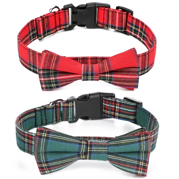 

Christmas Dog Collar with Detachable Bow Tie Adjustable Pet Collar Plaid Soft Fabric Handsome Handmade Dog Collar for All Dogs