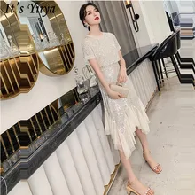 Это Yiiya платье для выпускного вечера,, круглый вырез, короткий рукав, пэтчворк, платья для женщин, вечерние, с блестками, длина до середины икры, Vestidos De Gala LF219