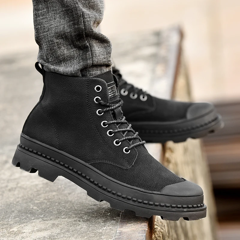 

Black Warm Winter Men Boots Genuine Leather Ankle Boots Men Winter Work Shoes Men Military Fur Snow Boots for Men Botas