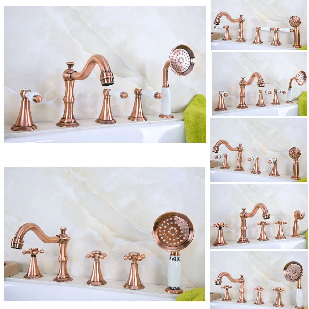Widespread Red Copper 5 Holes Install Roman Bath Tub Sink Faucet W