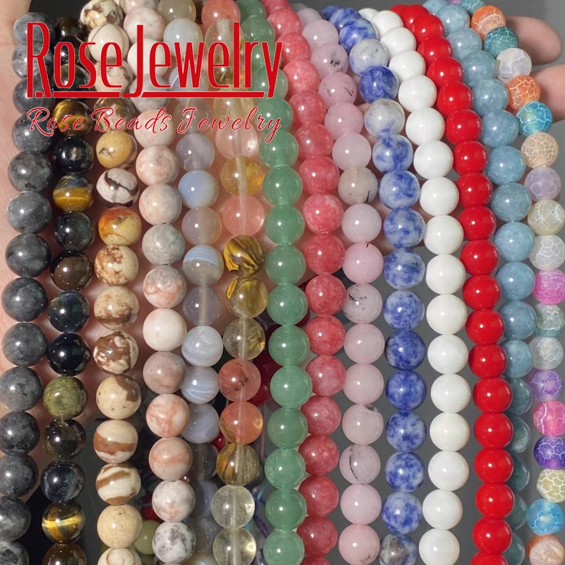 Perles en pierre naturelle pour la fabrication de bijoux, bracelets pour travaux manuels, de 4, 6, 8, 10 ou 12 mm, motif Agates, Quartz, jaspe, Amazonite, lave, œil de tigre, 45 styles