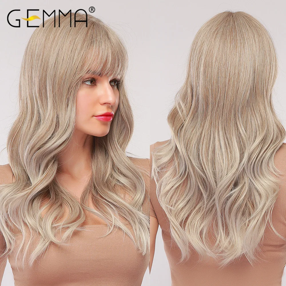 Wavy Wigs Bangs Ash Blonde Ombre-Light Brown Cosplay Natural Gemma-Long Women Synthetic-Hair