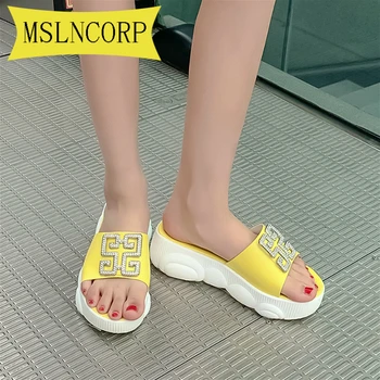 

Plus Size 34-46 Women's Rhinestone Slippers Sandals Female Designer Crystal Flip Flops Wedged Platform Woman Summer Beach Shoes