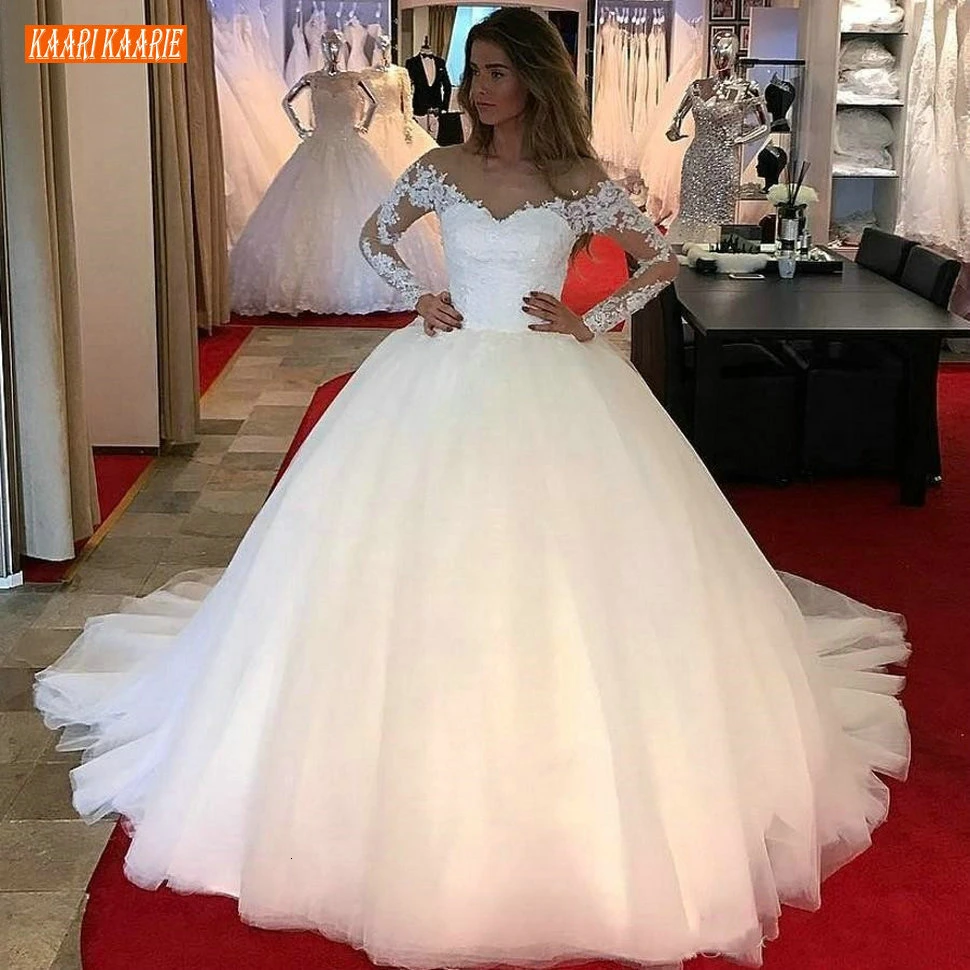 Сказочное бальное платье белые свадебные платья с длинными рукавами кружевная Апликация v-образный вырез Тюлевое платье невесты длинные