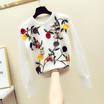 

2019 Autumn Winter Sweet Sweater Top Women's Heavy Wear Sweaters Girls Flower Embroidery Three-dimensional Knitted Shirt Femme