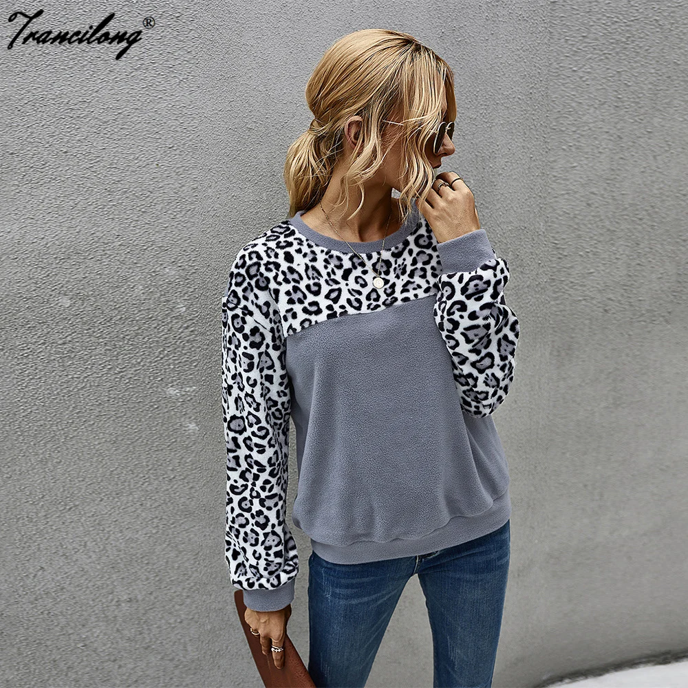 Winter Knitted Gray Loose Sweater Women Casual Leopard Top Jersey Patchwork O-neck Long Sleeve Pullovers Oversizes Fall 2020