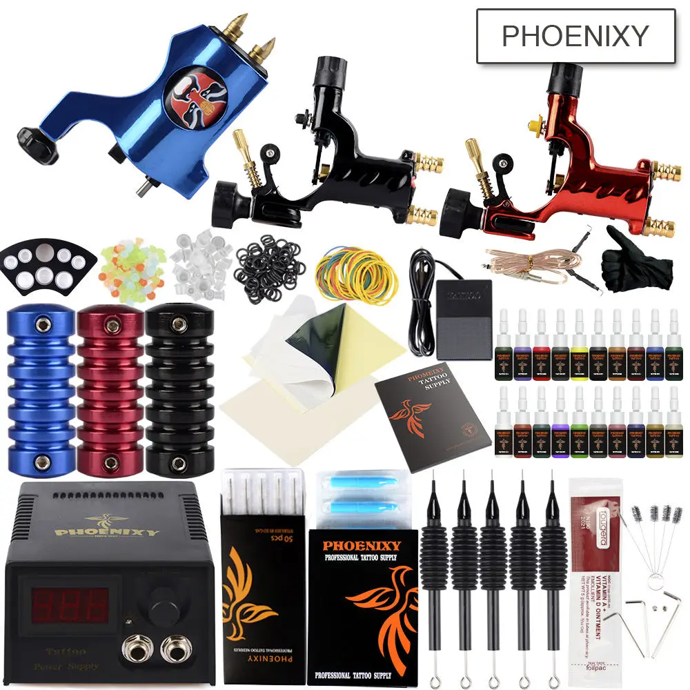 

Tattoo Machine Set Professional Tattoo Kits 3 Rotary Machine Guns 20 PC Inks Pigment Tattoo Needles Grip Kit Complete Tattoo Kit