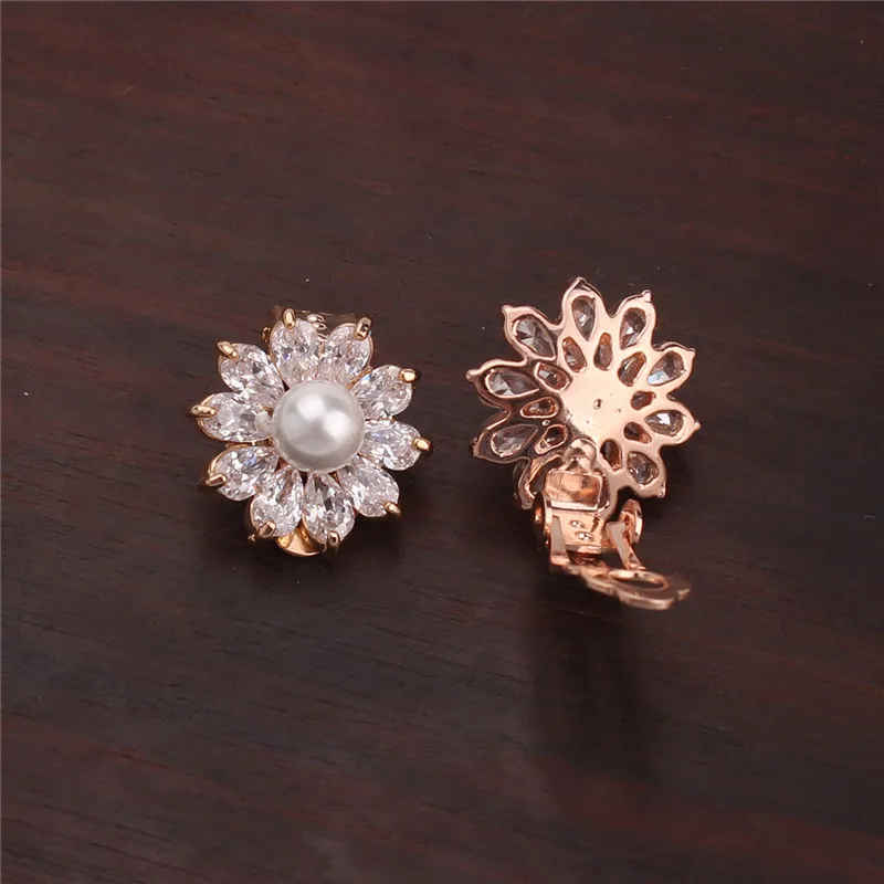 Ear clip earrings WENHQ New cubic zircon pearl Clip on earrings No pierced For women girl Fashion gold color Flower shape Ear clip Fake earrings
