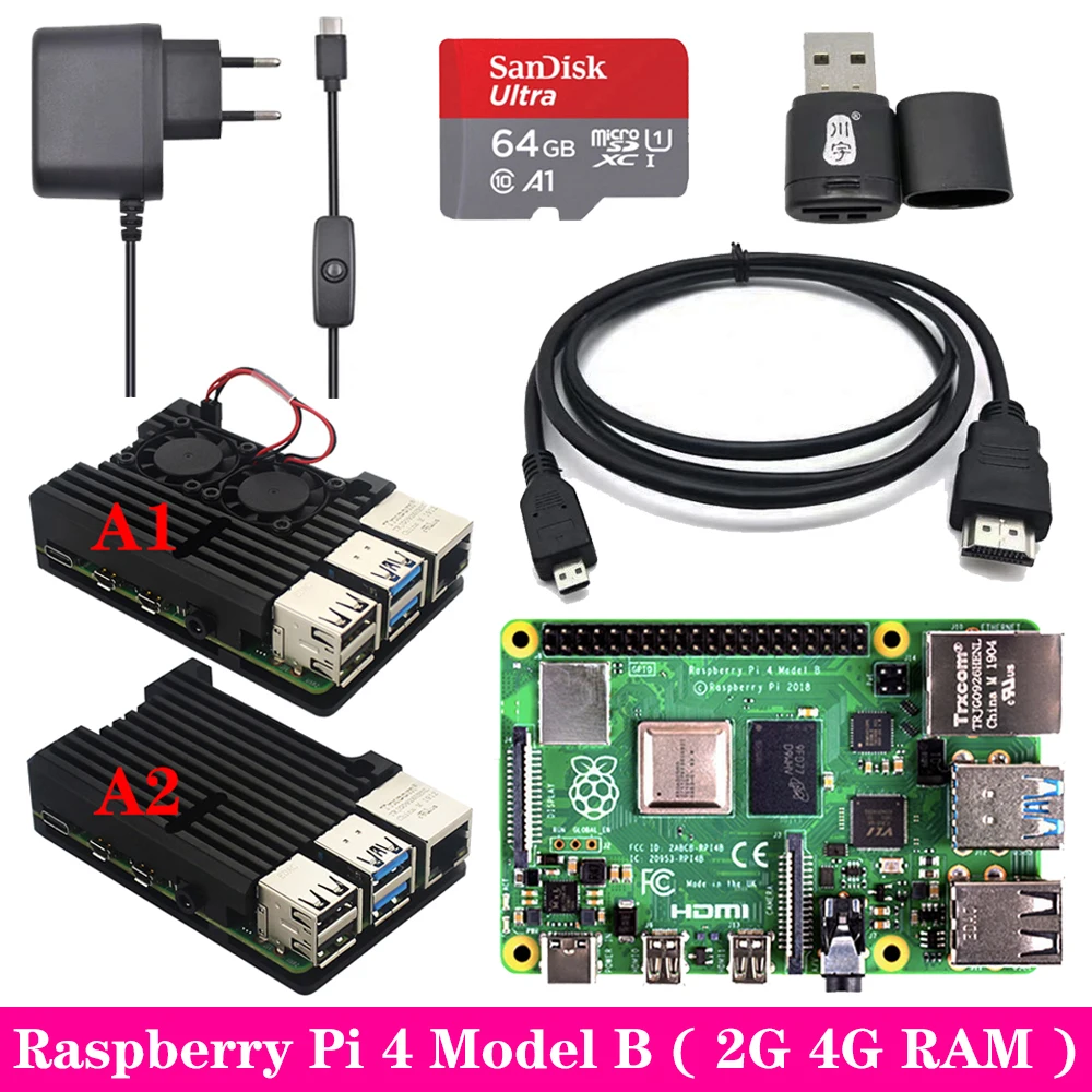  Original Raspberry Pi 4 2GB 4GB RAM + Aluminum Case 3A Power Supply Adapter Micro HDMI Cable for Ra