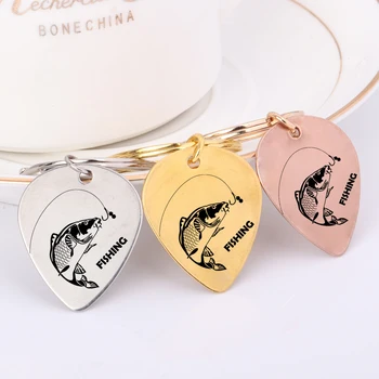 

Fishing & Music Lover Keychain Gift Hand Engraved Fish Guitar Pick Shape Keyring Birthday Gift Men Women Music Lover Fishing