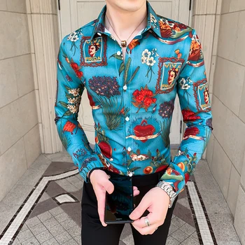 

Korean New 2020 Spring Long Sleeve Floral Shirt Men All Match Fashion Slim Fit Men's Social Shirts Streetwear 3XL