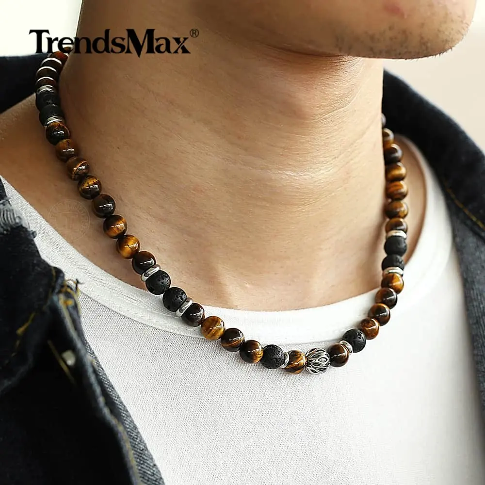 8mm Men's Unique Natural Tiger Eyes Stone Lava Bead Necklace Stainless Steel Bead Charm Link Chain Male Jewelry Gift TNB002