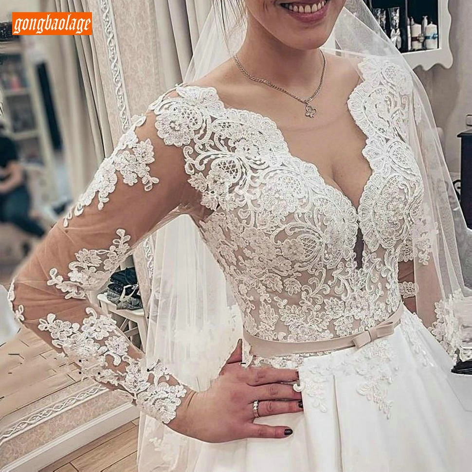Роскошные свадебные платья Boho с v-образным вырезом и длинным рукавом с аппликацией из кружева атласный A Line свадебное платье Индивидуальные Современные садовые свадебные платья