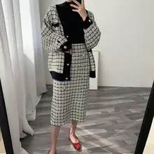 Осенние твидовые женские юбки, элегантные офисные двубортные клетчатые вязанные винтажные посылка, Женская юбка миди