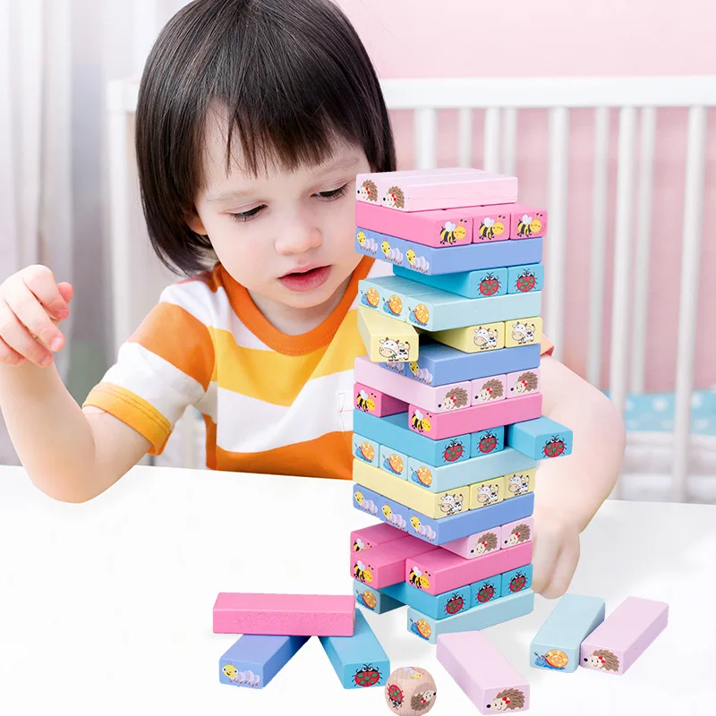 

51PCS Children Wooden Bricks Toys Colorful Stack High Blocks Cartoon Animal Building Blocks Baby Math Figures learning Toys Gift
