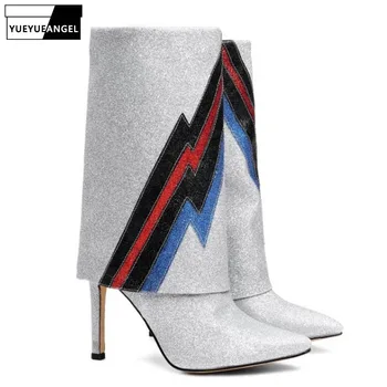 

Plus Size Sequins Pointed Toe Stiletto Half Boots Women Runway Super High Heel Slip On Winter Ankle Knight Boots Shoes Woman