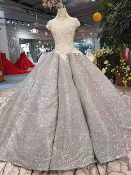 

BGW 2021113ht Shiny Prom Dress Ball Gown High Neck Long Sleeve Pleat Skirt Lace Up Back Evening Dress Women Occasion Gray