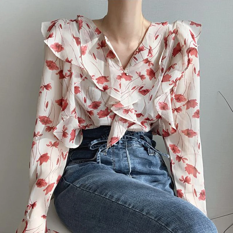 

ZOSOL Korean Style Chic Romantic V-neck Ruffles Loose Small Flower Bell Sleeve Chiffon Shirt Top for Women