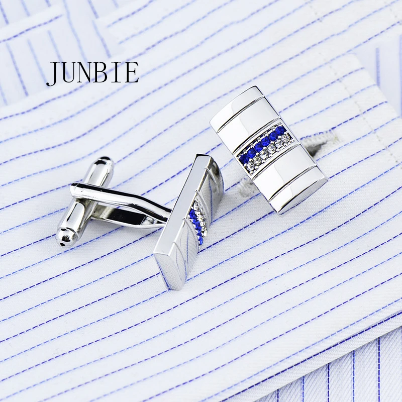 

JUNBIE Jewelry french shirt cufflink for mens Brand blue crystal metal Cuffs link Button male High Quality Luxury Wedding