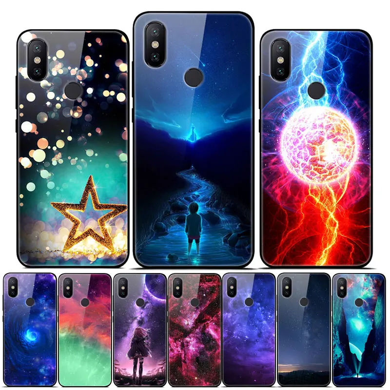 

For Fundas Xiaomi Mi A2 Case Tempered Glass Hard Back Case For Xiaomi Mi A2 Lite Cover Space Star Silicone Bumper MiA2 Mi A3
