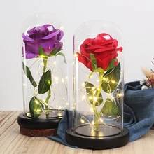 Украшение Красавица и Чудовище красная роза в стеклянном куполе на деревянной основе для свадебной церемонии светодиодный лампы с розами Рождественский подарок