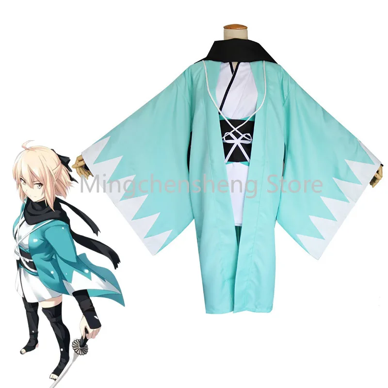 Fate Grand для Косплэй костюм FGO Okita Souji Сакура сабля полный набор зеленое пальто