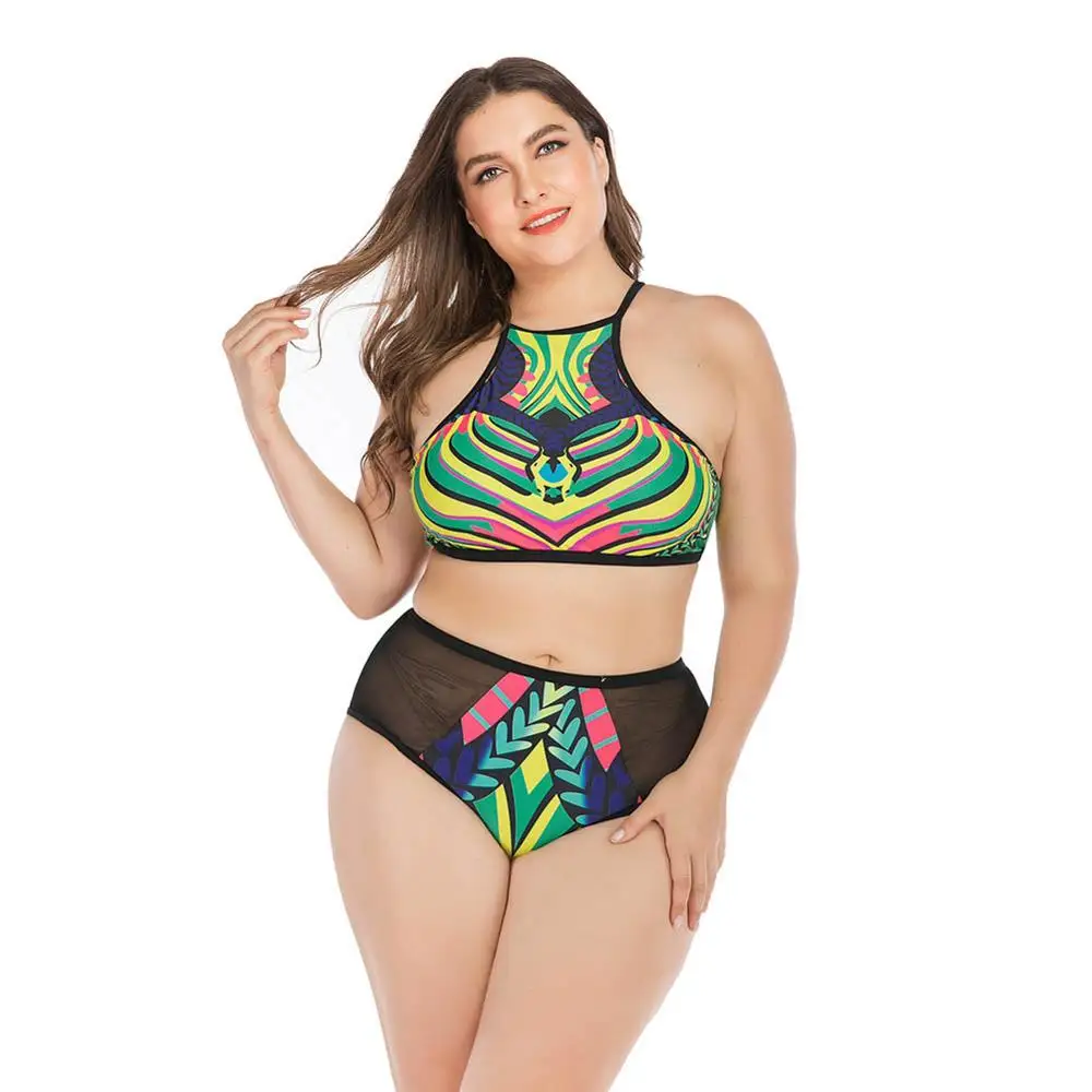 

2019 New Women Patchwork Back Zipper Closure High Waist Quick Drying Swimwear Bikini Top Bottom Lady Plus Size Swimsuit