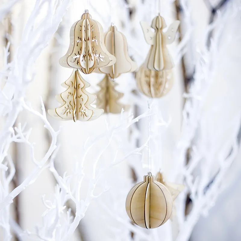 

Christmas Three-Dimensional Hollow Wooden Puzzle Pendant Wood Color Bell Xmas Tree Pendants New Year Party Hanging Ornament