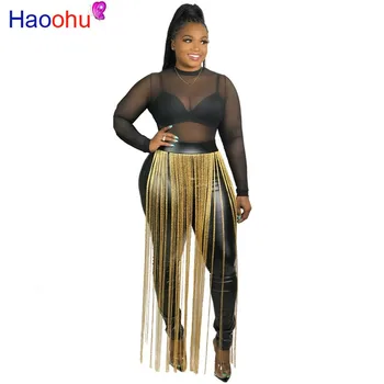 

Winter autumn women sexy club high waist pants PU Leather Tassel fashion active wear elegant Street Night long trousers