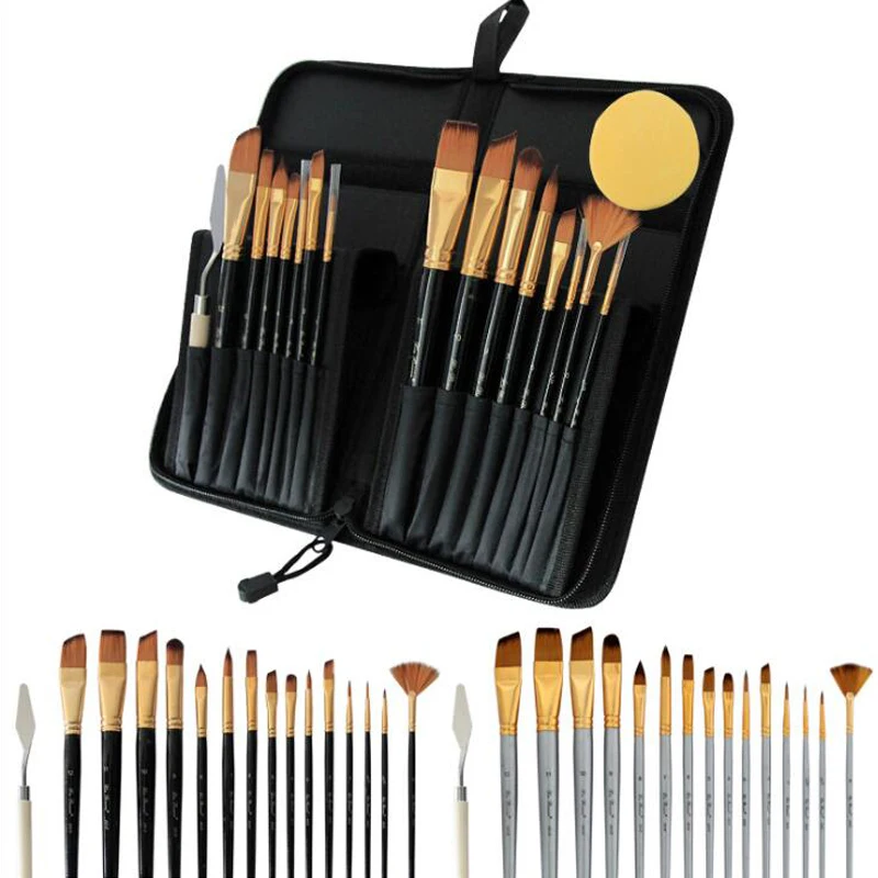 

17pcs/set Multifunctional Nylon Hair Canvas Bag black/silver Set Paint Brushes Watercolor Oil Brush for Painting Brush Artist