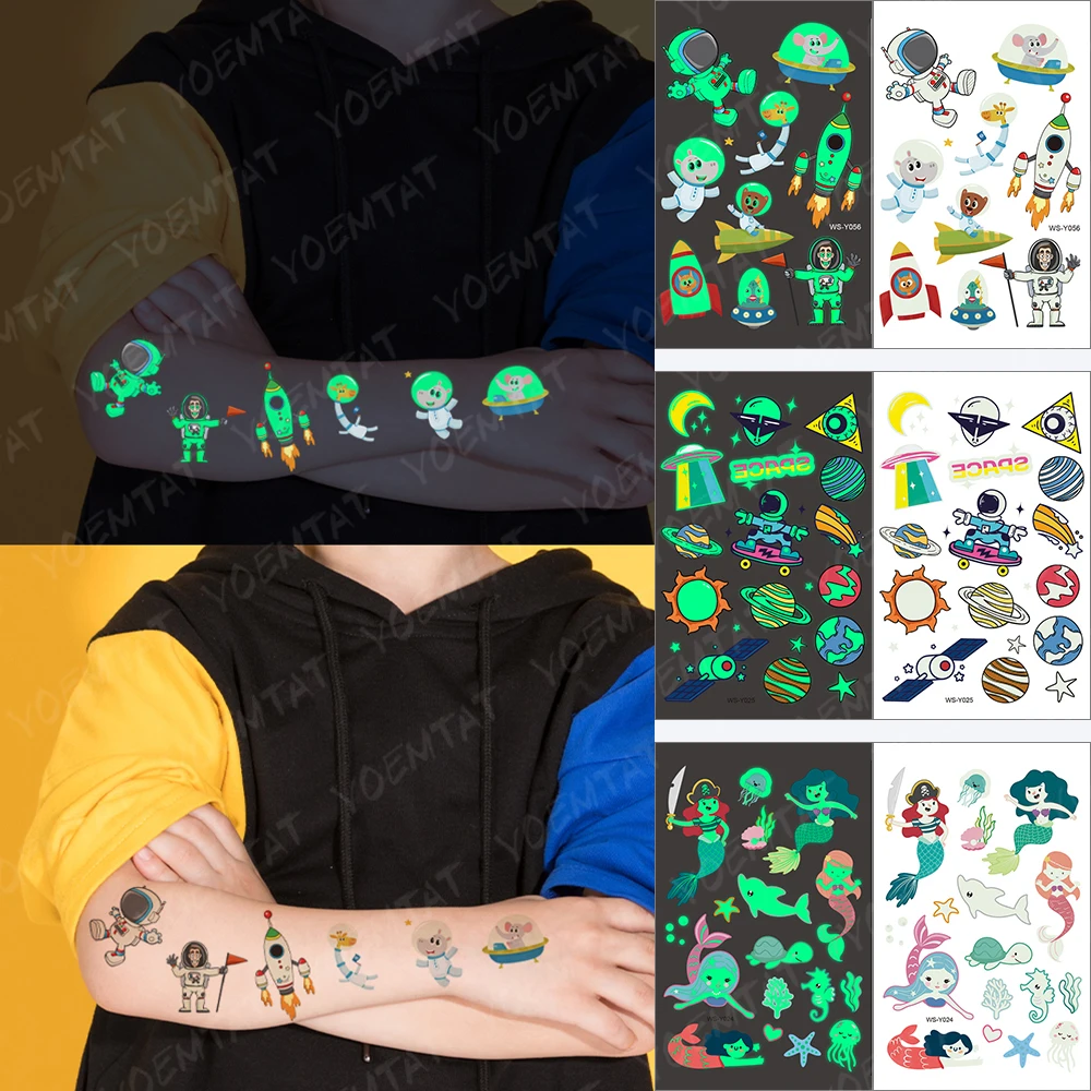 Luminous Waterproof Temporary Tattoo Sticker Children Astronaut Planet Spaceship Glowing Tatto Kid Art Arm Flash Fake Tatoo Cool