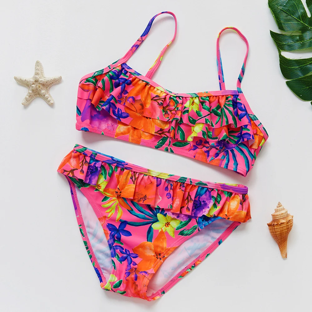 Girls Swimwear Bikini-Set Teenager Tropical Two-Pieces Floral Kids Beach-Wear-St9059