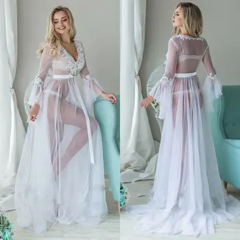 

Women Stock V Neck Sexy Lingerie Long Lace Transparent Dress Sleepwear Plain Color Nightgown