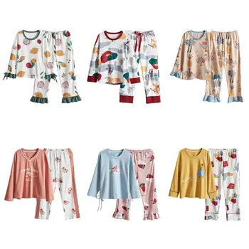 

Women Spring Long Sleeve Pajamas Set O-Neck Ruffles Cuffs Tops Pants Sleepwear Colorful Cartoon Fruits Print Loungewear
