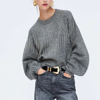 

[EWQ] Gray Nailed Tassels Knitting Sweater Loose Fit Round Neck Long Lantern Sleeve Women New Fashion Spring 2020 OA936