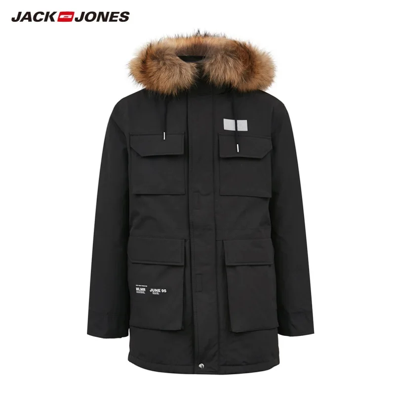 JackJones зимний мужской меховой воротник с капюшоном средней длины парка пальто Длинная стеганая куртка карго стиль 219309518 - Цвет: BLACK