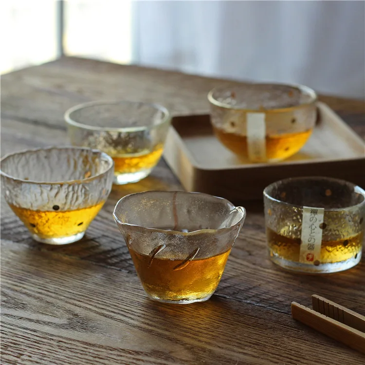 

Tea Cups Thick Glass Tea cup Japanese Style Handmade Hammer Gold Plated Drinking Glass Kung Fu Tea Set Teacup