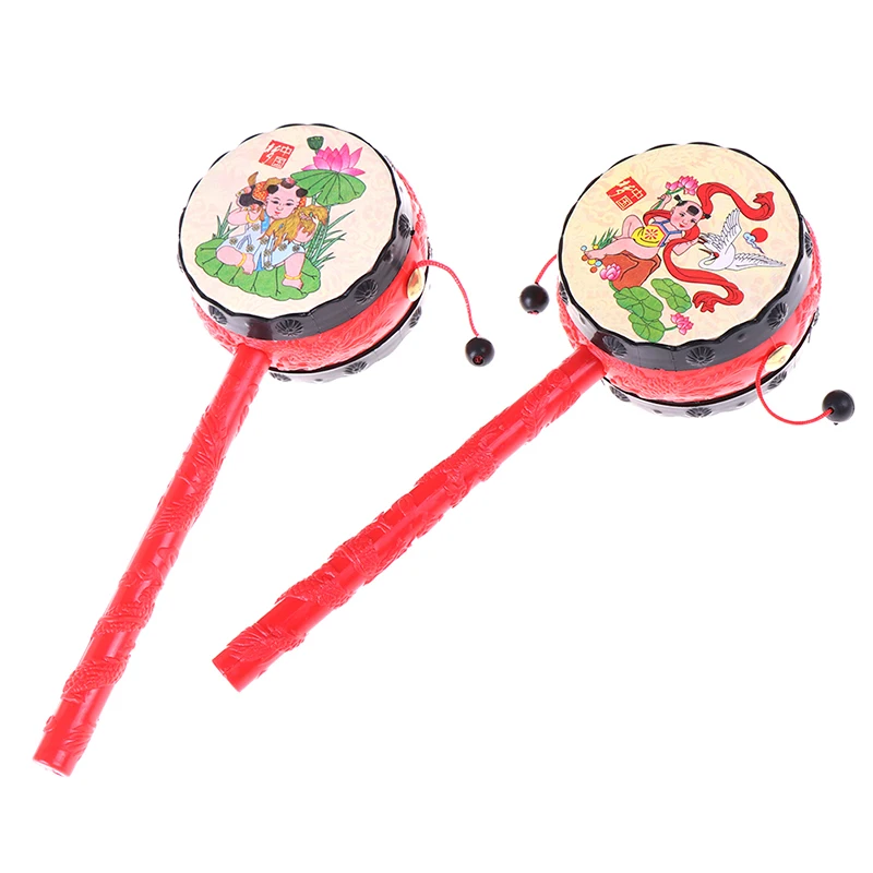 Baby Plastic Chinese Traditional Spin Toy Rattle Drum Kids Hand Bell Instrument 