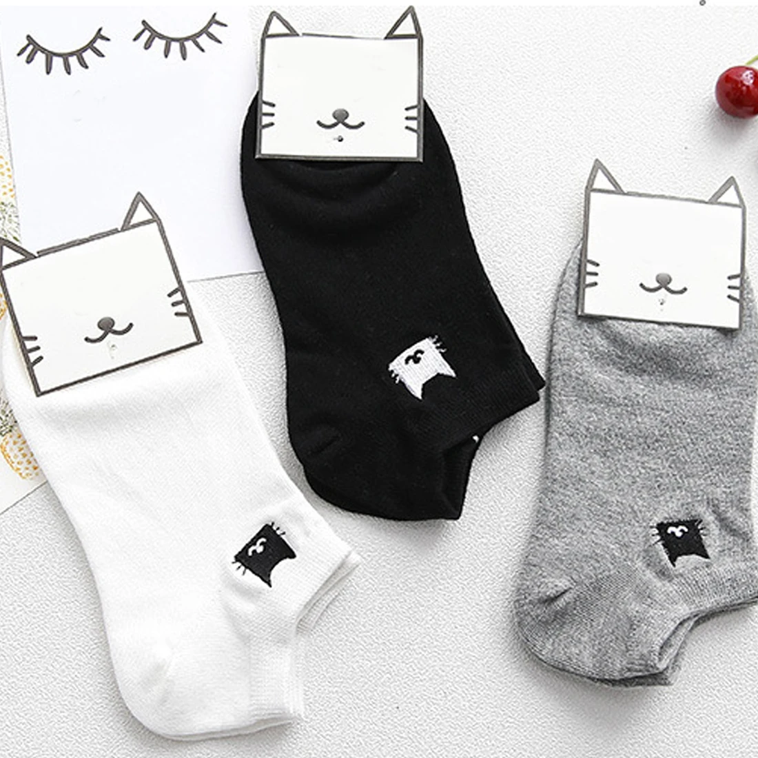 Embroidered Cat Boat Socks Spring Summer Warm Comfortable Breathable Wild Cotton Skin-friendly Women Socks