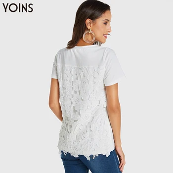 

YOINS Stylish Lace Back Round Neck Short Sleeve Blouse 2020 Spring Summer Elegant Tiered Shirt Women Casual Solid Tops Blusas