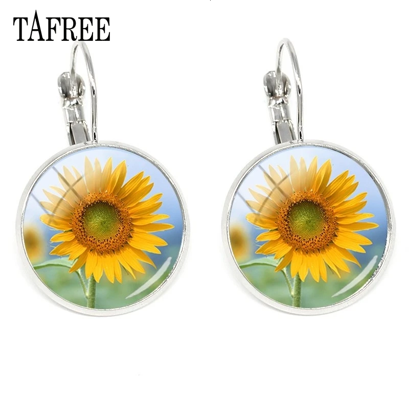 TAFREE подсолнечника фото клип серьги стекло, кабошон, серебро цвет ручной работы любимый подарок маме ювелирные изделия XR16