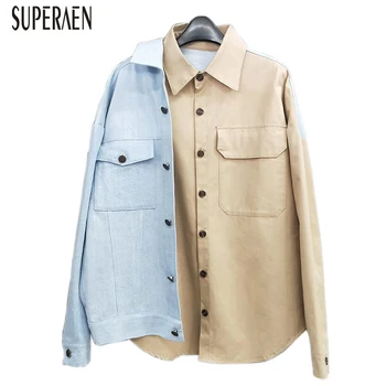 

SuperAen 2019 Autumn New Denim Stitching Shirt Women Fashion Wild Casual Ladies Blouses and Tops Solid Color Women Clothing