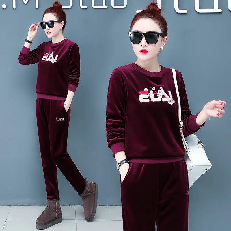 

2019 Autumn And Winter New Style WOMEN'S Dress Brushed And Thick Gold Velvet Slim Fit Fashion Casual Embroidered Hoodie Sports S
