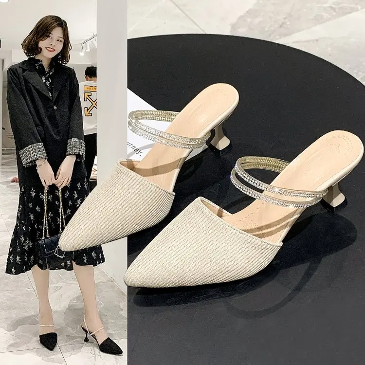 

2020 New Style Slipper Women's Outer Wear Fashion Closed-toe Online Celebrity Versatile Pointed-Toe Lazy Slipper Thin Heeled Hig