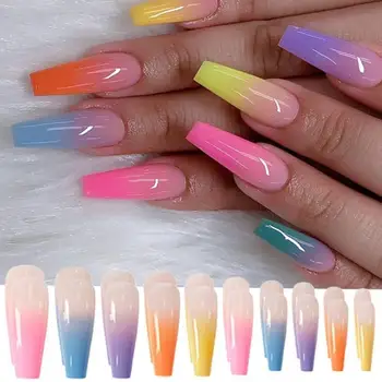 

20pcs/Set Long Fake Nails European Rainbow Ballerina Full Nail Art Tips Colorful Beauty Artificial False Nails with Glue