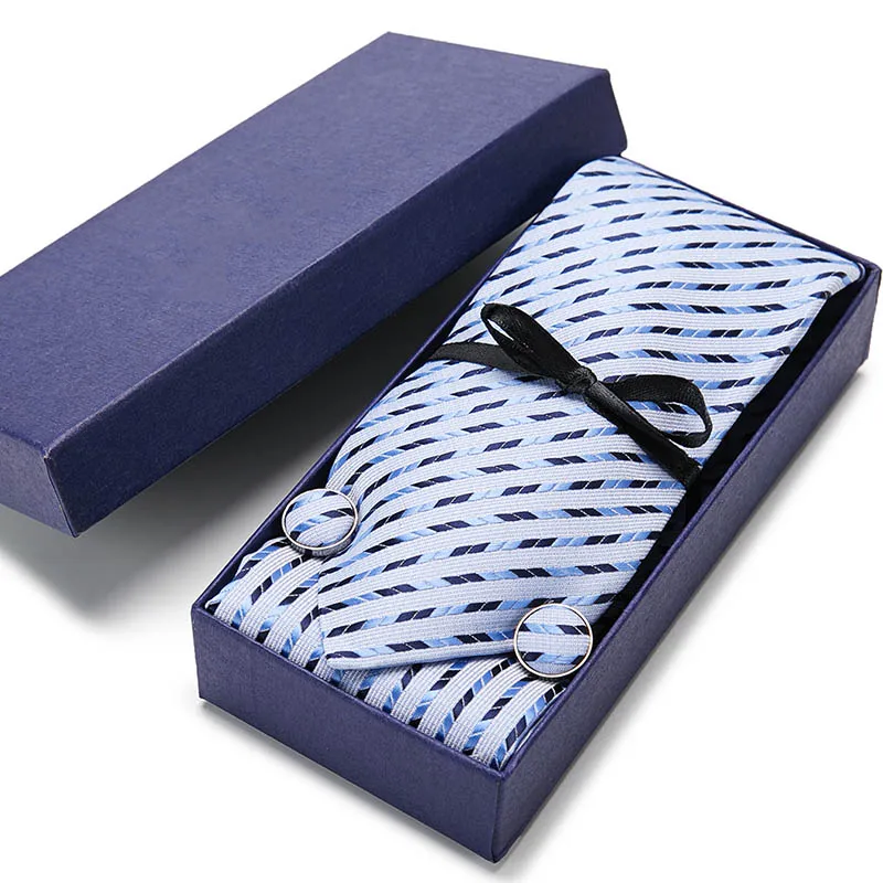 

Bussiness Men Blue Paisley Striped Tie 100% Silk 7.5cm Tie for Formal Party Set Hanky &Handkerchief &Cufflink Tie With Blue Box