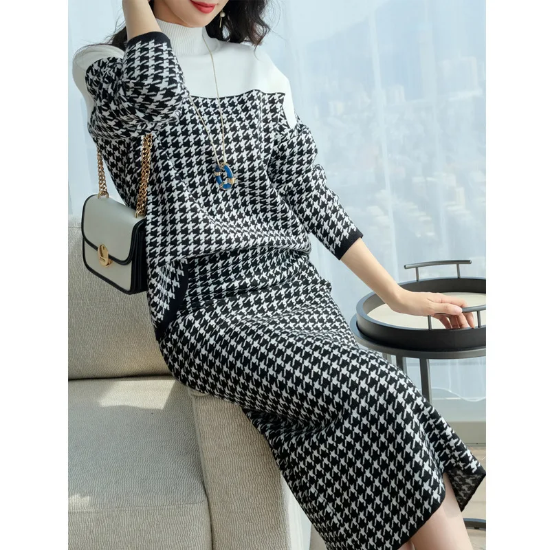 

Europe And America Contrast Color Thousands of Birds Half-Turtle-Neck Knitted Sweater + High-waisted Slim Fit Skirt WOMEN'S Suit