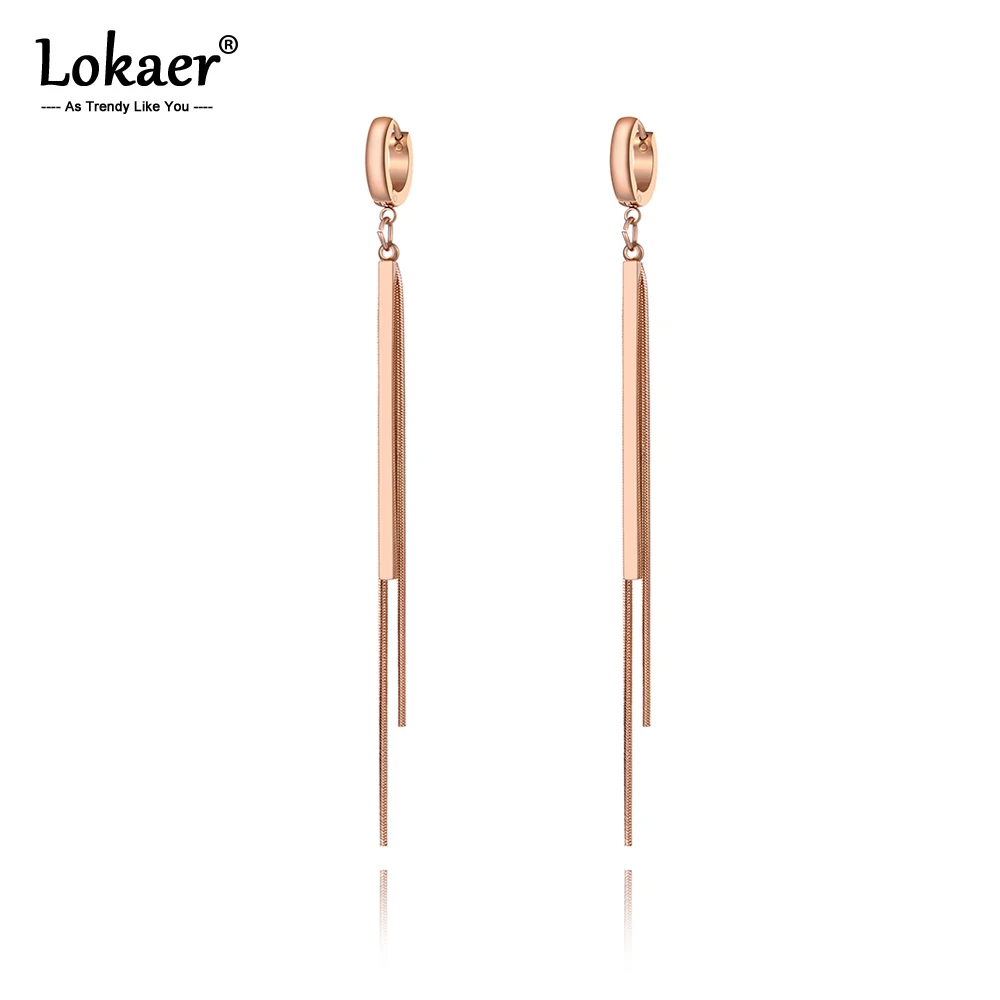 

Lokaer Trendy Rose Gold Long Strip & Chain Tassel Earrings For Women Girls Titanium Steel Party Hoop Earrings Jewelry E19228