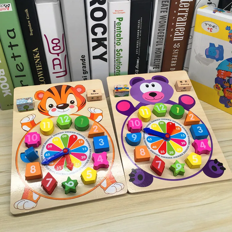 

Children'S Educational Toy Wooden Cognitive Clock Multi-functional with Numbers Bear Tiger Clock Teaching Aids